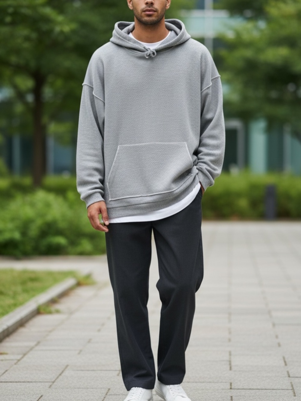 FITIGUES VINTAGE HEATHER GRAY BOXY WAFFLE KNIT THERMAL HOODED SWEATSHIRT